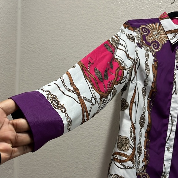 New‎ York & Company NY&C Blouse Shirt  Chain belt Belt Design purple White Sz M - Picture 6 of 10